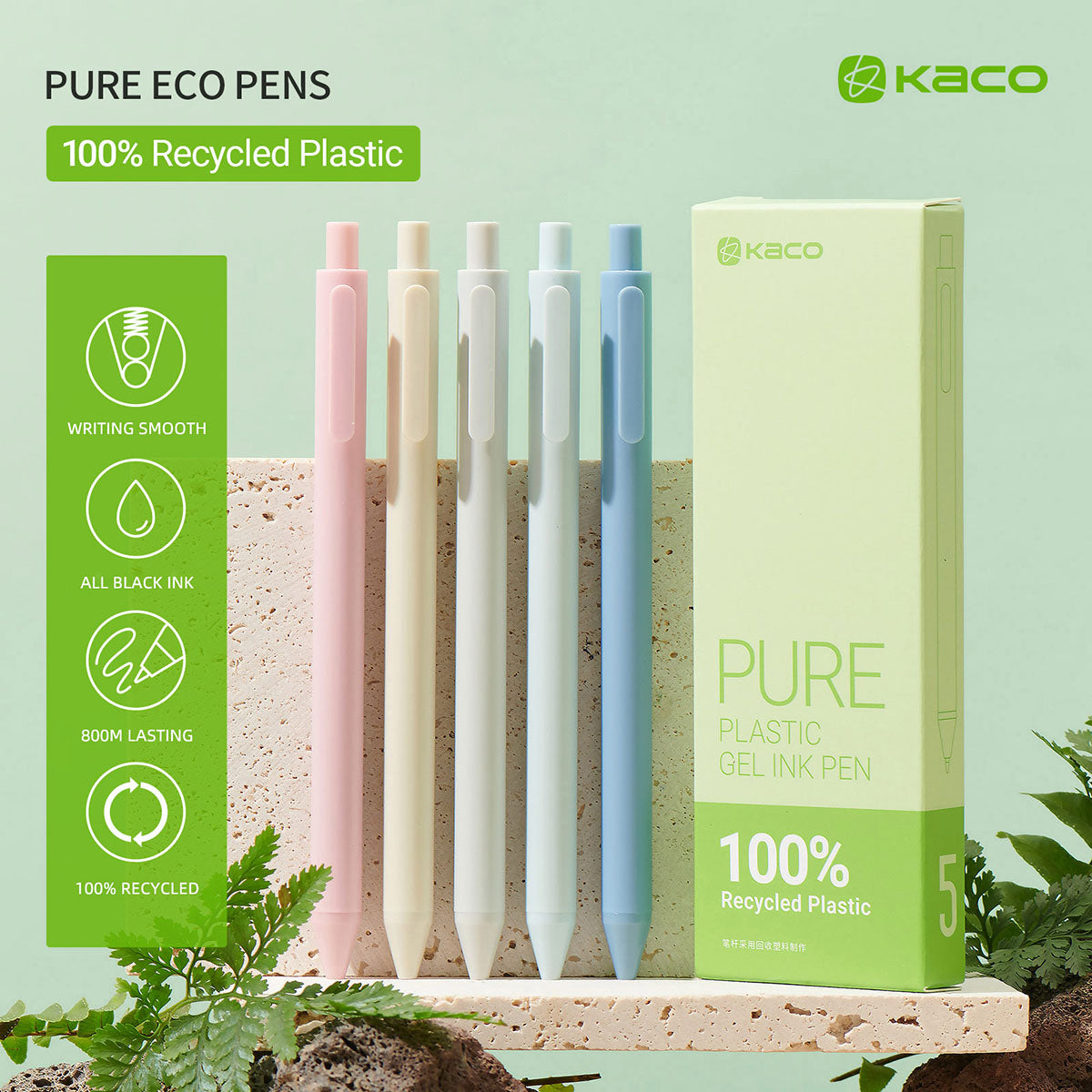 Kaco★ KACO Pure Recycled Plastic Soft Touch Gel Pen 0.5 mm 5 set Black